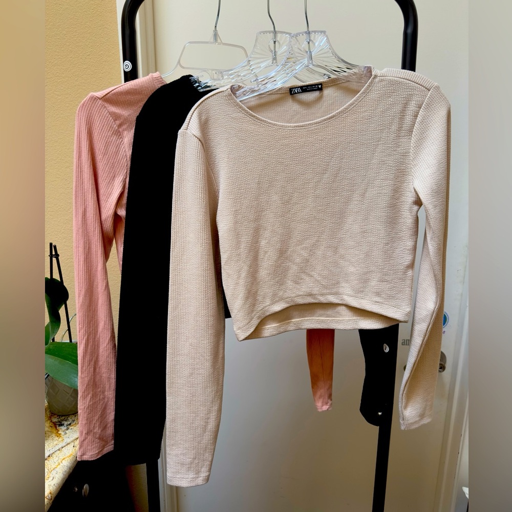BUNDLE Zara and Garage Black, Beige, Beige pink Textured Long Sleeve crop Top L